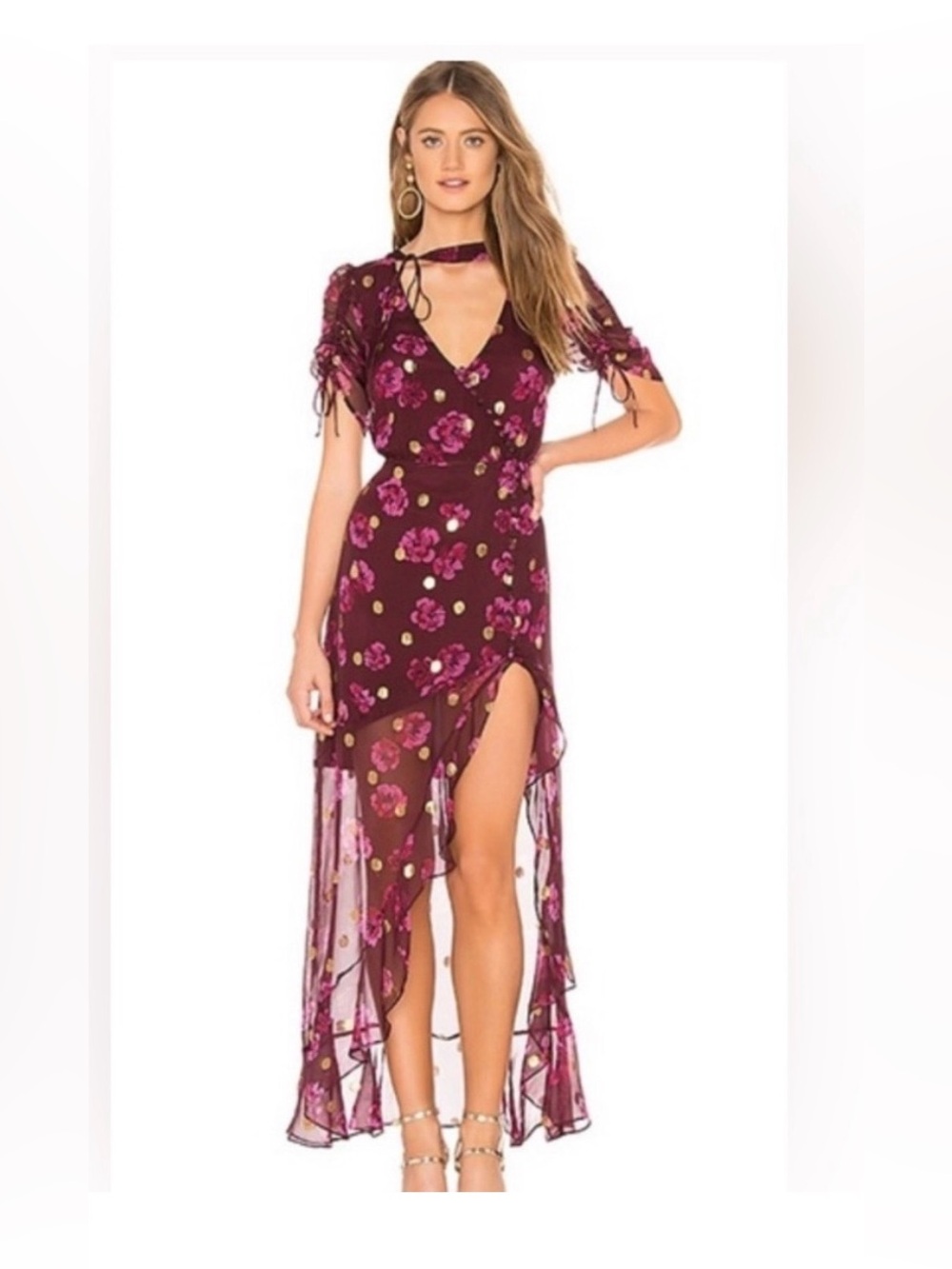 For Love & Lemons Burgundy Floral High-Low Dress with Pink and Gold Accents